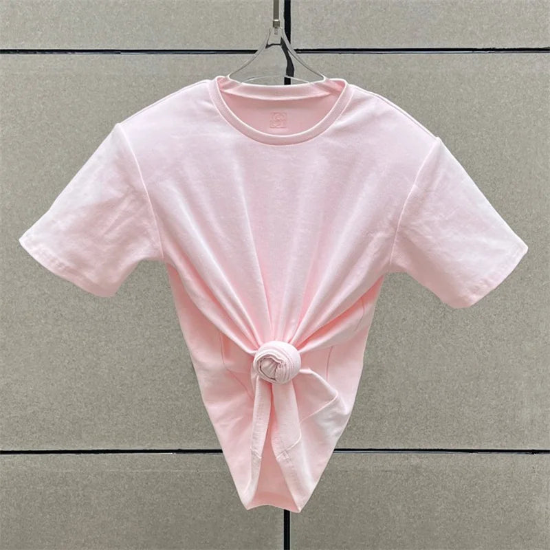 Women's t-shirt 2025 summer new shoulder padded slim fit short sleeved top pure cotton round neck pullover y2k Crop top corset