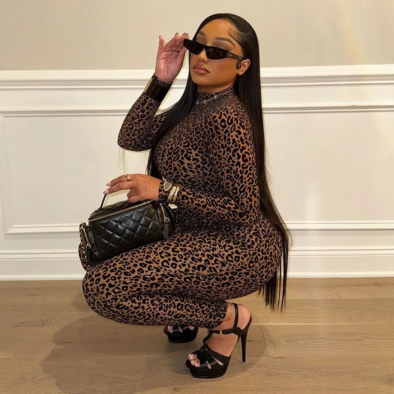 Shestyle Velvet Leopard Sexy Jumpsuits Women Turtleneck Nude Bodycon Mesh Transparent Zipper Fly Slim Fitness Playsuit Clothes