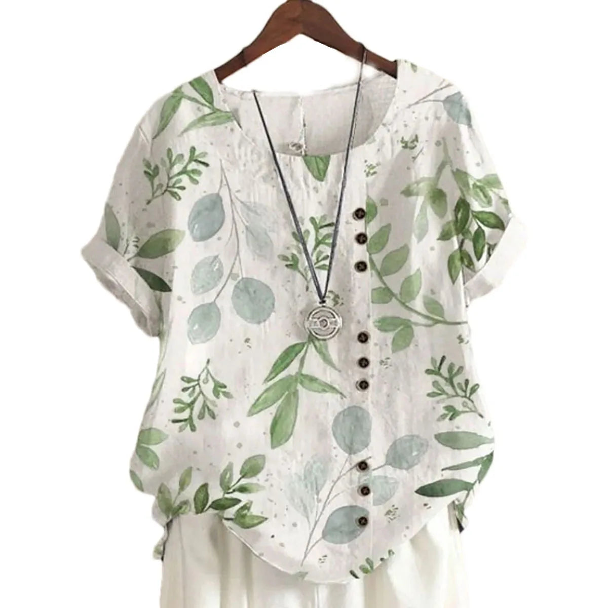 2025 Summer retro fashion printed loose casual shirt top, suitable for casual or vacation ladies' beachwear