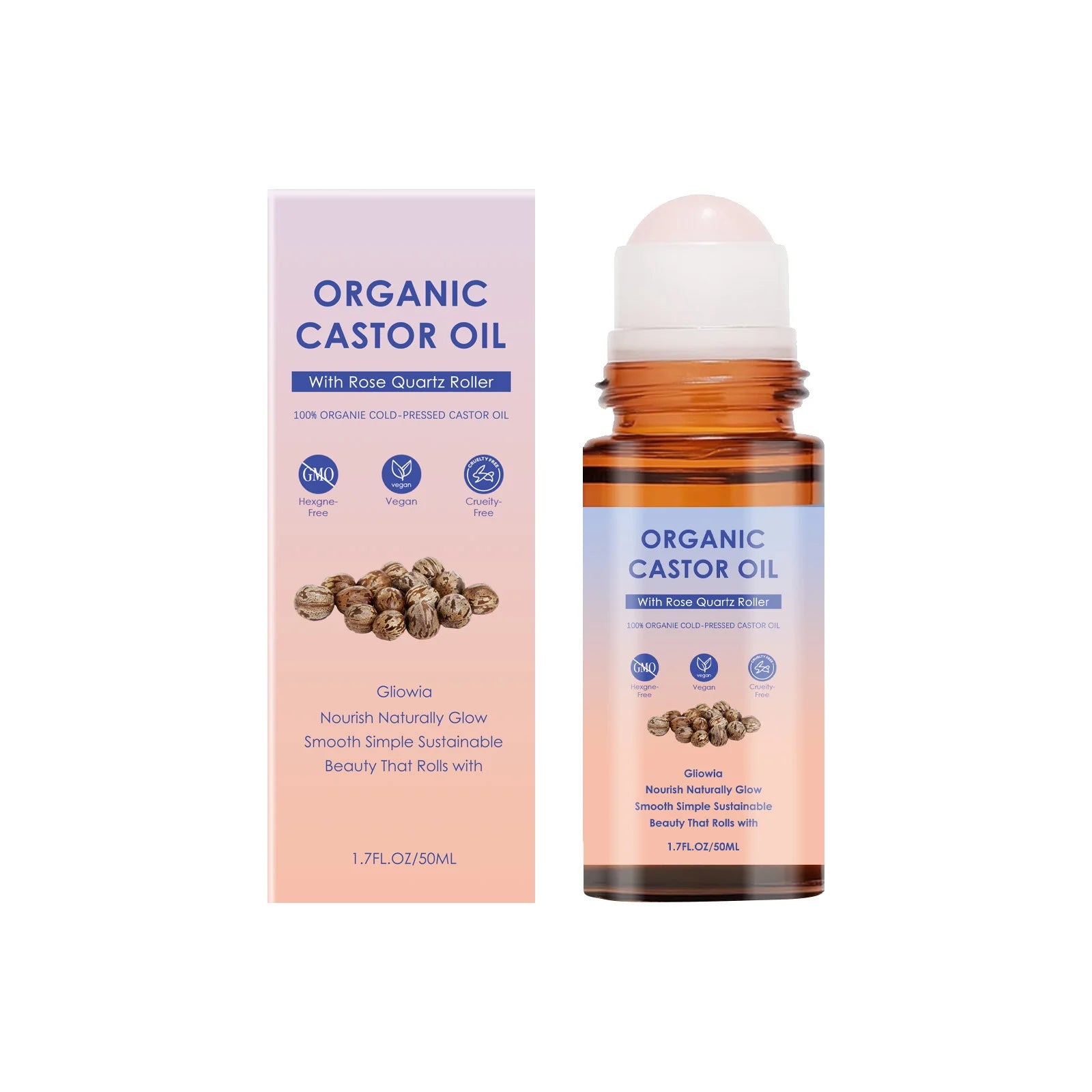 Organic Castor Oil Rose Quartz Roller Ball Moisturizing Skin Barrier Deep Repair Soothing Skin Cold-Pressed Natural Castor Oil