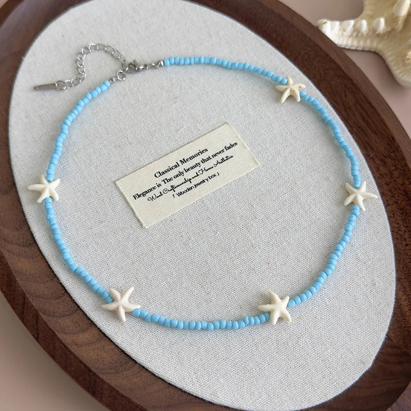 Summer Blue Starfish Necklace Women Double Layer Beaded Chain 45cm Boho Beach Jewelry 2025 New Luxury Layering Gift