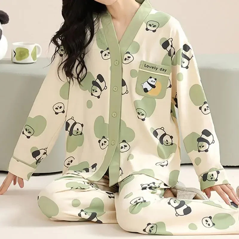 Elizabeth Duck Japanese Kimono Autumn Winter Women Pajamas Sets Faux Cotton Long Sleeves Homesuits Casual V-neck Lapel Sleepwear
