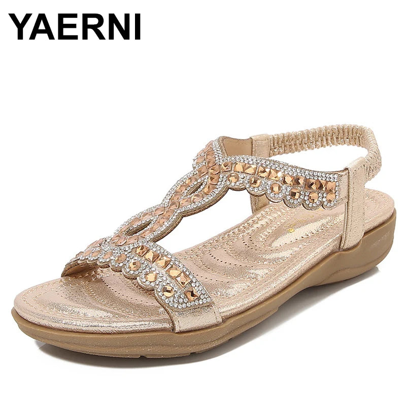 Summer Women Sandals Fashion Rhinestone Bohemian Sandal Slope Heel Hollow Solid Soft Flat Bottom Open Toe Sandals