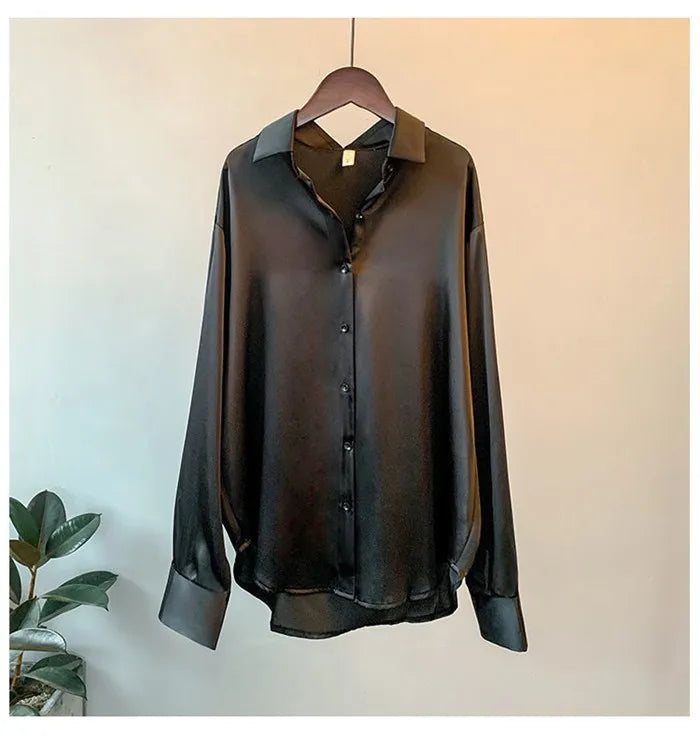 Women’s Turn-Down Collar Satin Blouse Top