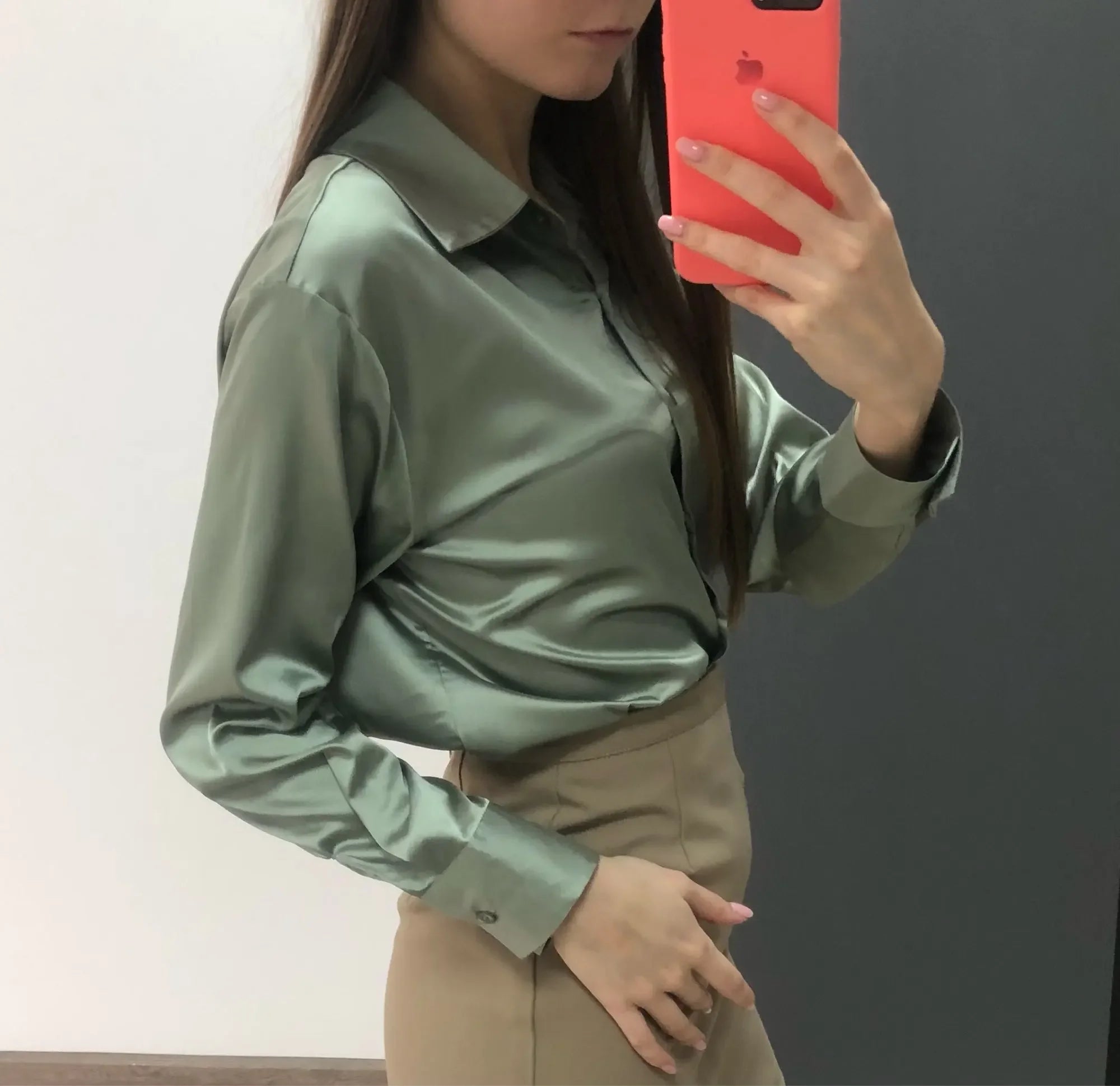 Women’s Turn-Down Collar Satin Blouse Top