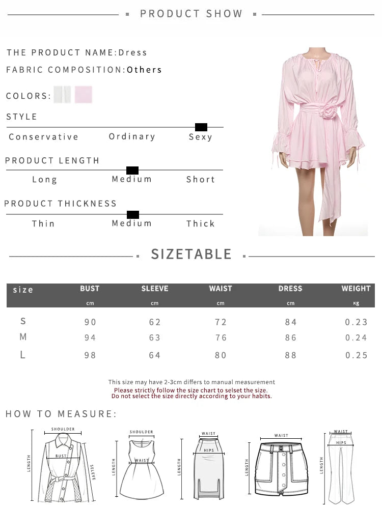 Weird Puss Sweet Style 3D Flower Decoration Dress Women Y2K Flare Sleeve Ruched Ribbon Vacation Fashion Elegant Mini Bodycon