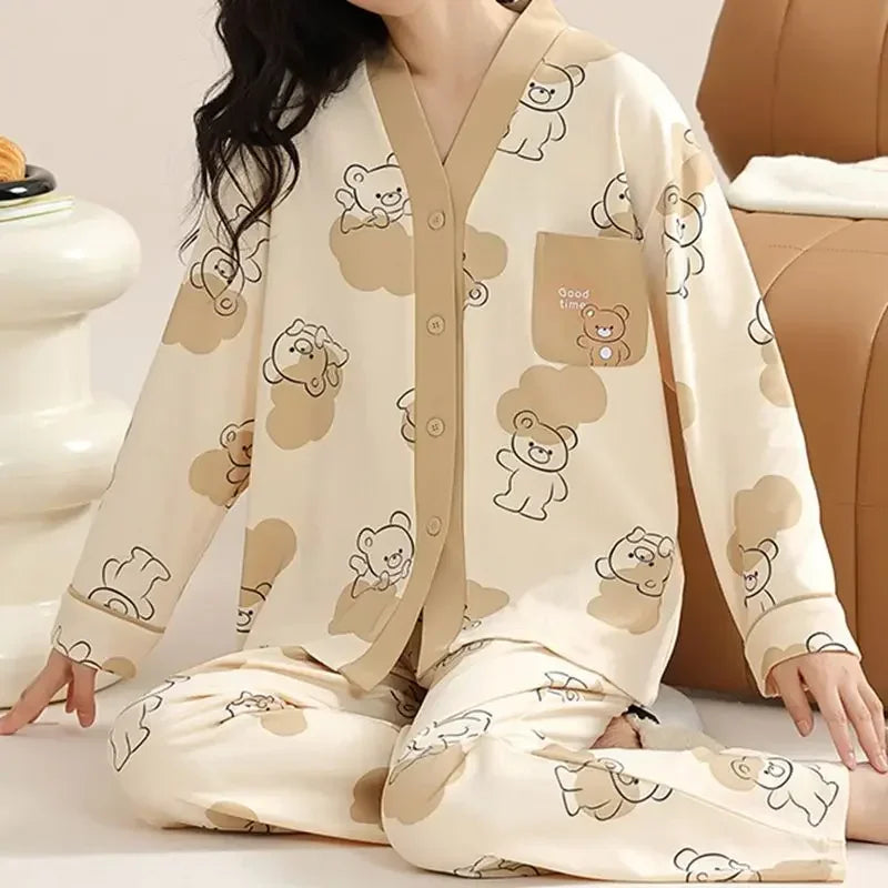 Elizabeth Duck Japanese Kimono Autumn Winter Women Pajamas Sets Faux Cotton Long Sleeves Homesuits Casual V-neck Lapel Sleepwear