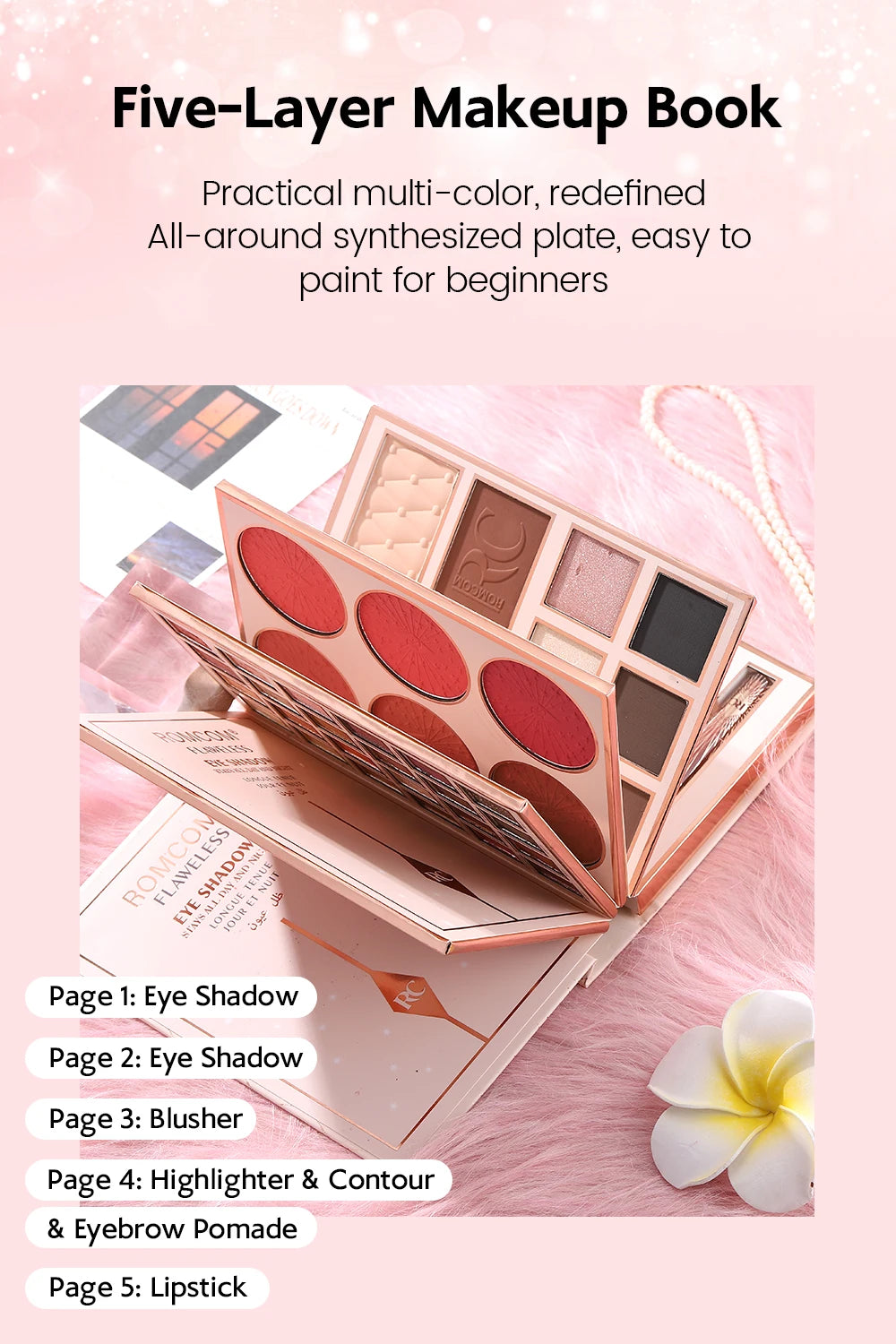 The makeup magic book contains eye shadow, lip gloss, powder blusher highlight, an ideal gift for women in holiday parties