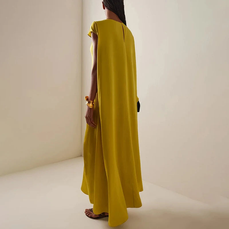 Women Casual Hight Waist Solid Color Satin Dress 2026 Fashion Draped Loose Long Dresses Elegant O-neck Asymmetrical Sleeve Gowns