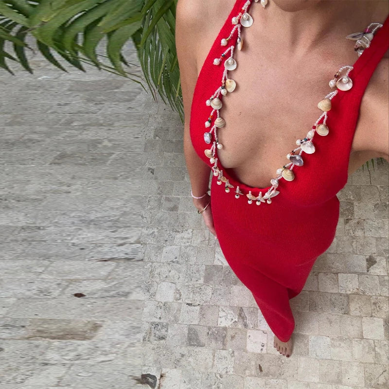 Women's Shell Chain Halter Maxi Dress Deep V Neck Sleeveless Backless Bodycon Dresses Casual Vacation Party Beach Fashion Gown