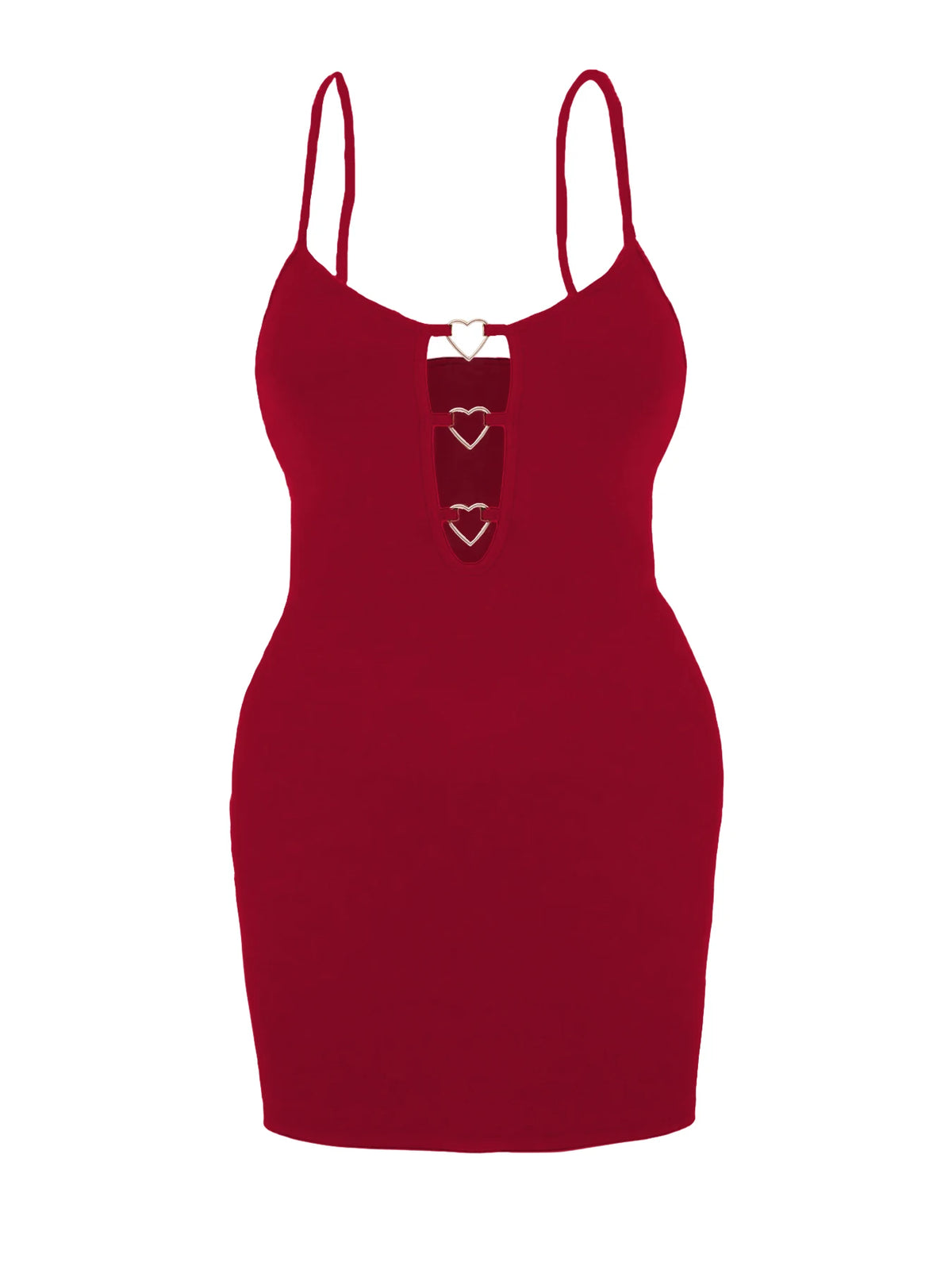 Plus Size Heart Metal Buckle Cutout Bodycon Mini Dress Spaghetti Strap Deep Hollow Front Slim Fitted Ribbed Short Dress Sexy Clu