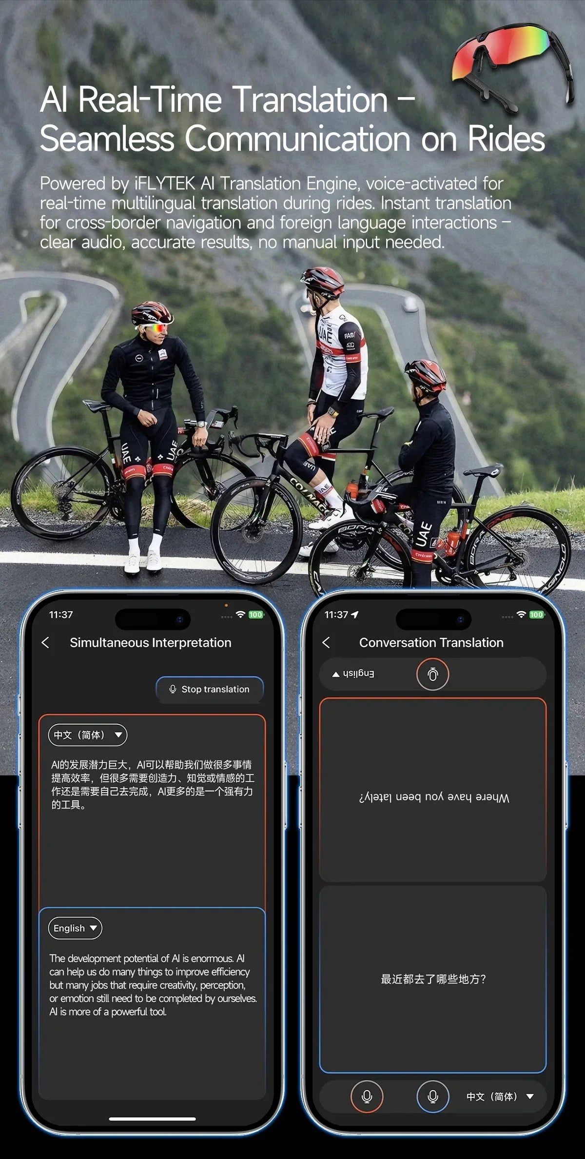 2026 AI Smart Glasses 800W HD Anti-shake Camera IP66 Waterproof AI Voice Wake-up AI Translation Four-in-one Cycling Glasses