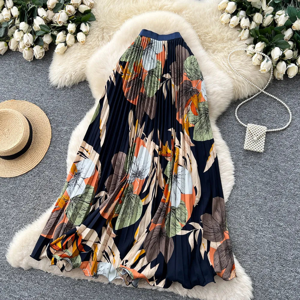 2026 New Summer Women Temperament Vintage All-match Skirt High Waist Printing Medium Length A-line Pleated Big Skirt Skirt