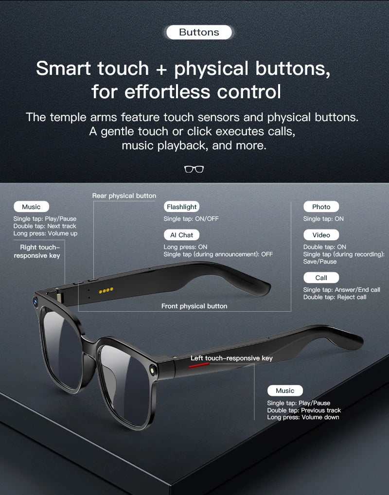 2026New AI Smart Glasses Men Women 800W HD Camera Bluetooth Call 100+Languages Translation Voice Control Music Player Sunglasses