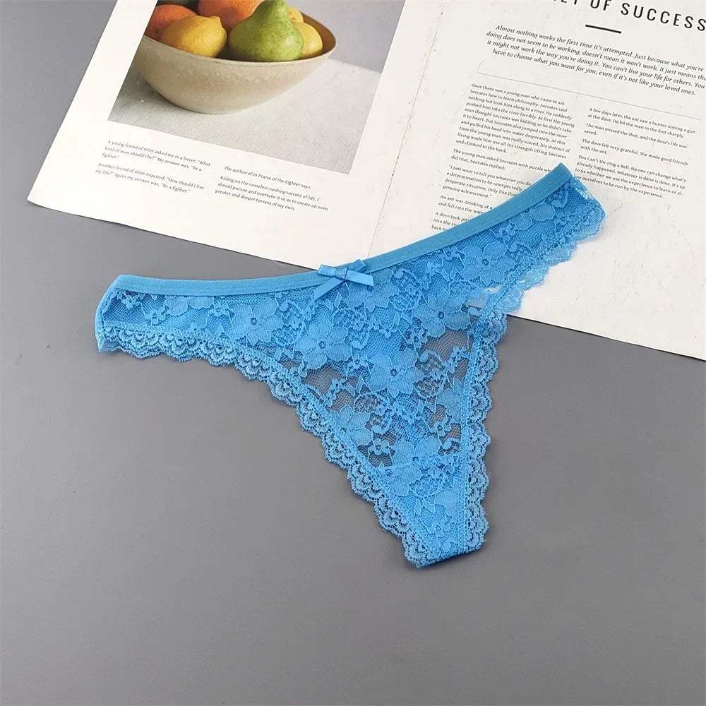 S M L XL XXL Plus Size Sexy Cozy Lace Cotton Thongs Underwear Lingerie for Women Seamless T-back Ladies Transparent G-string 3PC