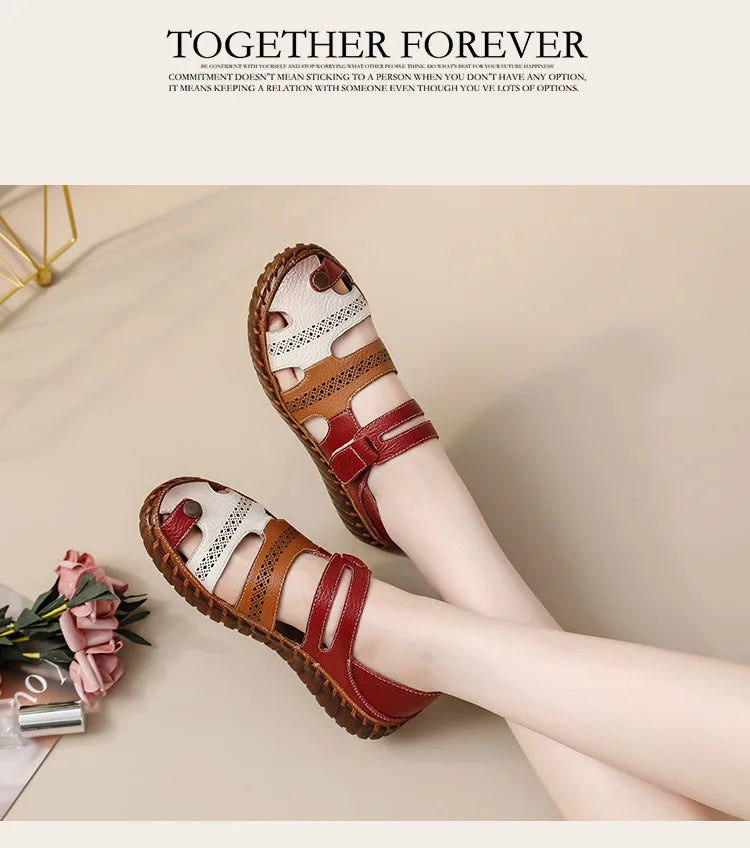 Newest gladiator summer sandals women's big size 43 woman real leather sandals ladies patchwork strap Non-slip flats