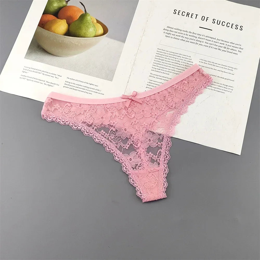 S M L XL XXL Plus Size Sexy Cozy Lace Cotton Thongs Underwear Lingerie for Women Seamless T-back Ladies Transparent G-string 3PC
