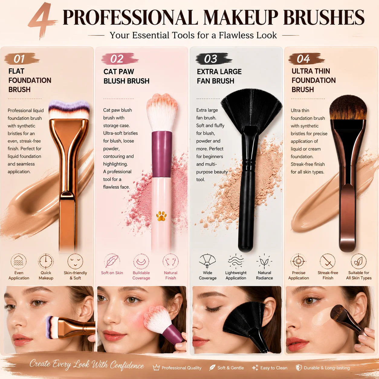 4-Piece Bestselling Makeup Brush Set: Professional Liquid Foundation Brush, Cat Paw Blush Brush, Oversized Fan Brush & Ultra-Thi
