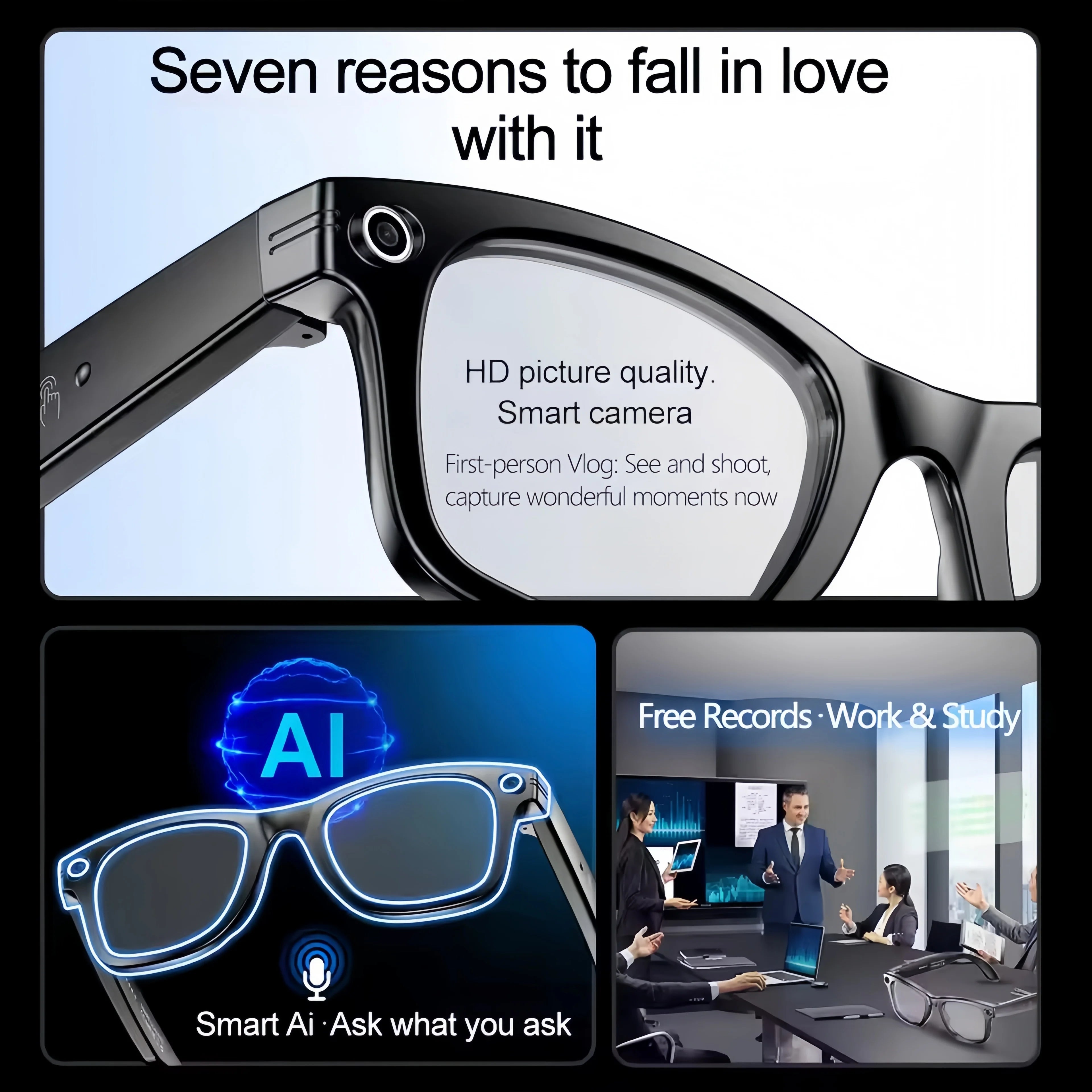 AI Smart Glasses with Camera 4K HD Video and PhotoCapture Real-TimeTranslation Voice Recording Open-Ear Audio Object Recognition