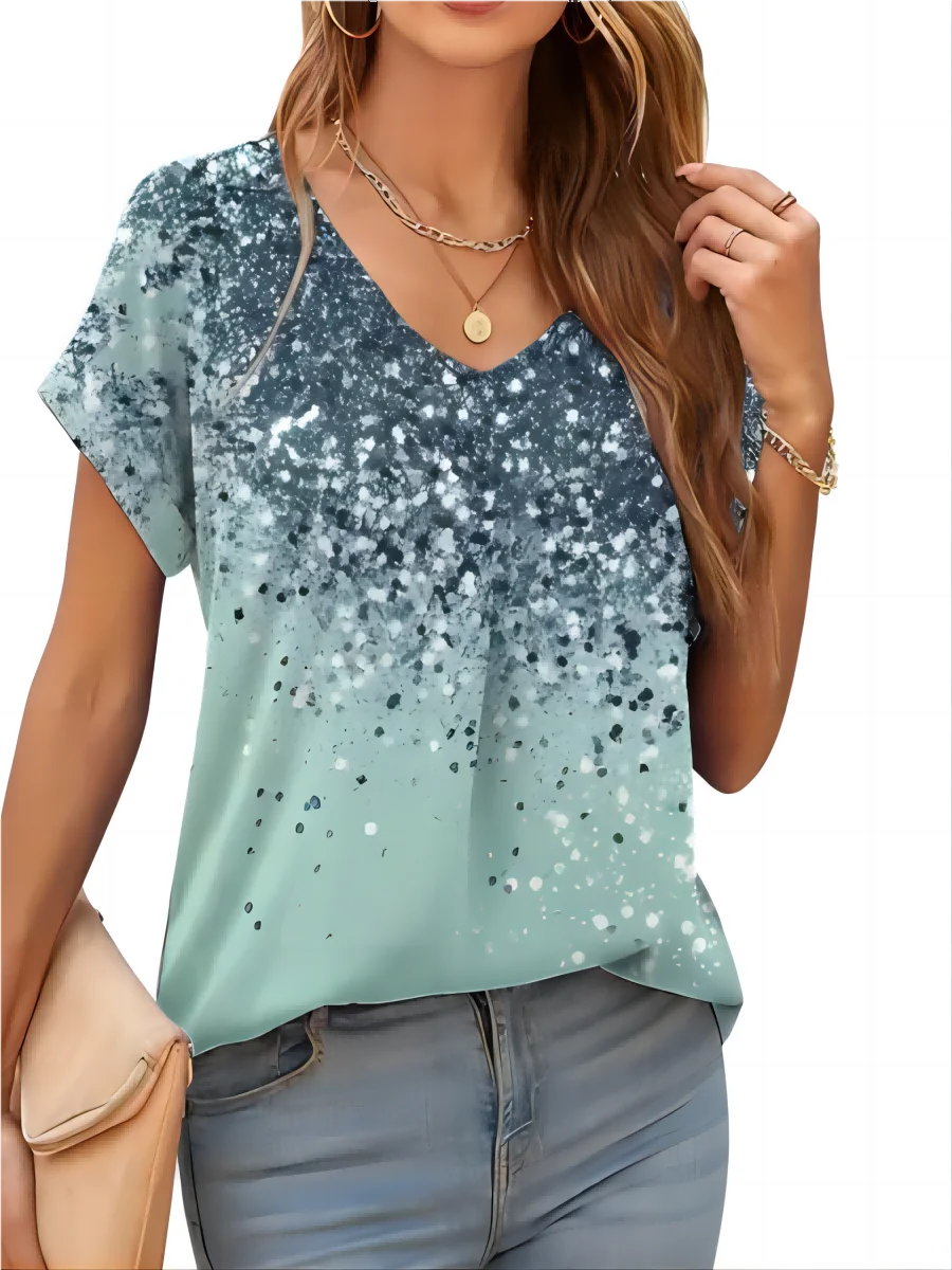 2026 New Summer Women T-shirt 3d Fashion Print Gradient Harajuku T Shirt Oversized Tee For Ladies Clothing New Short Sleeve V-Ne