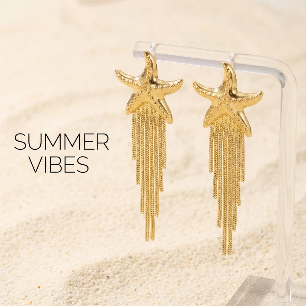 Bohemia Gold Color Metal Starfish Long Tassel Drop Earrings For Women Crystal Zircon Conch Shell Scallops Earring Beach Jewelry
