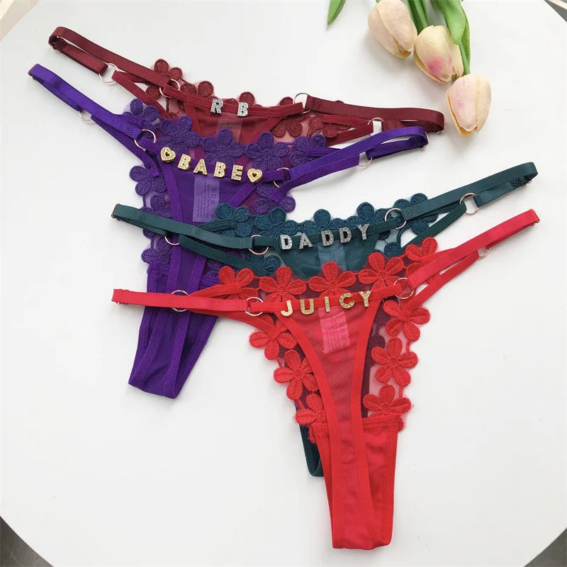 Customized Crystal Letter Sexy Embroidered Women's Low Waist Underwear BikiniG-Strings Adjustable Waist Underwear Hot Wife Gift