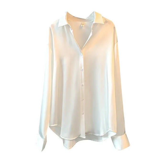 Women’s Turn-Down Collar Satin Blouse Top