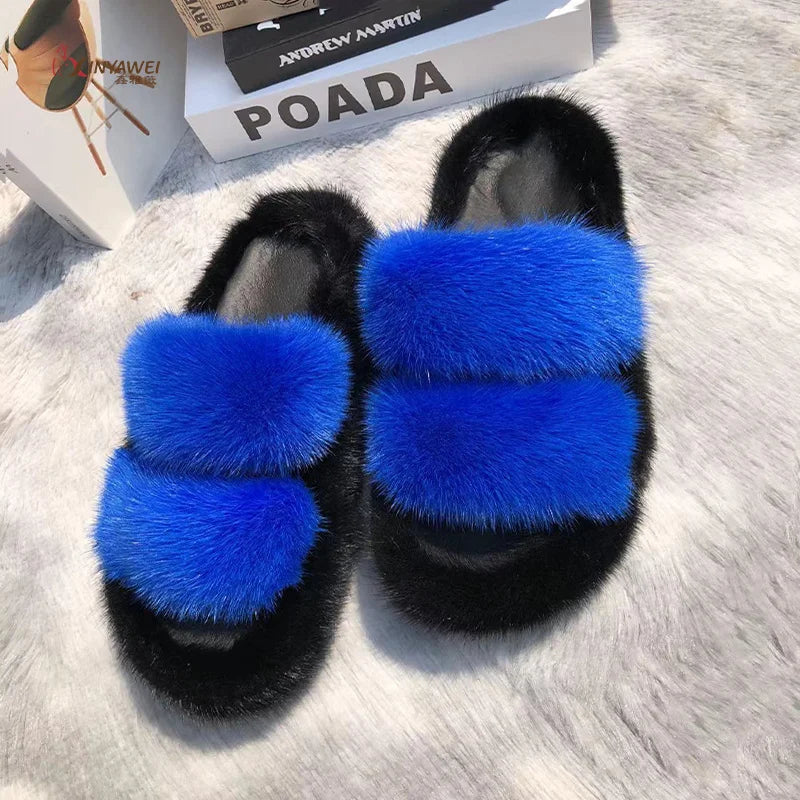 Mink Fur Slides Women's Slippers Thick-soled Sandals Summer Slipper Shoes for Woman Sandals Fashion Beach Slippers EVA Slides