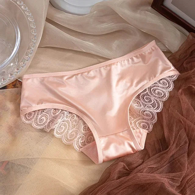Women's Panties Silk Satin Underwear Lace Sexy Lingerie Breathable Mid Waist Female Briefs Comfortable Panty Underpants