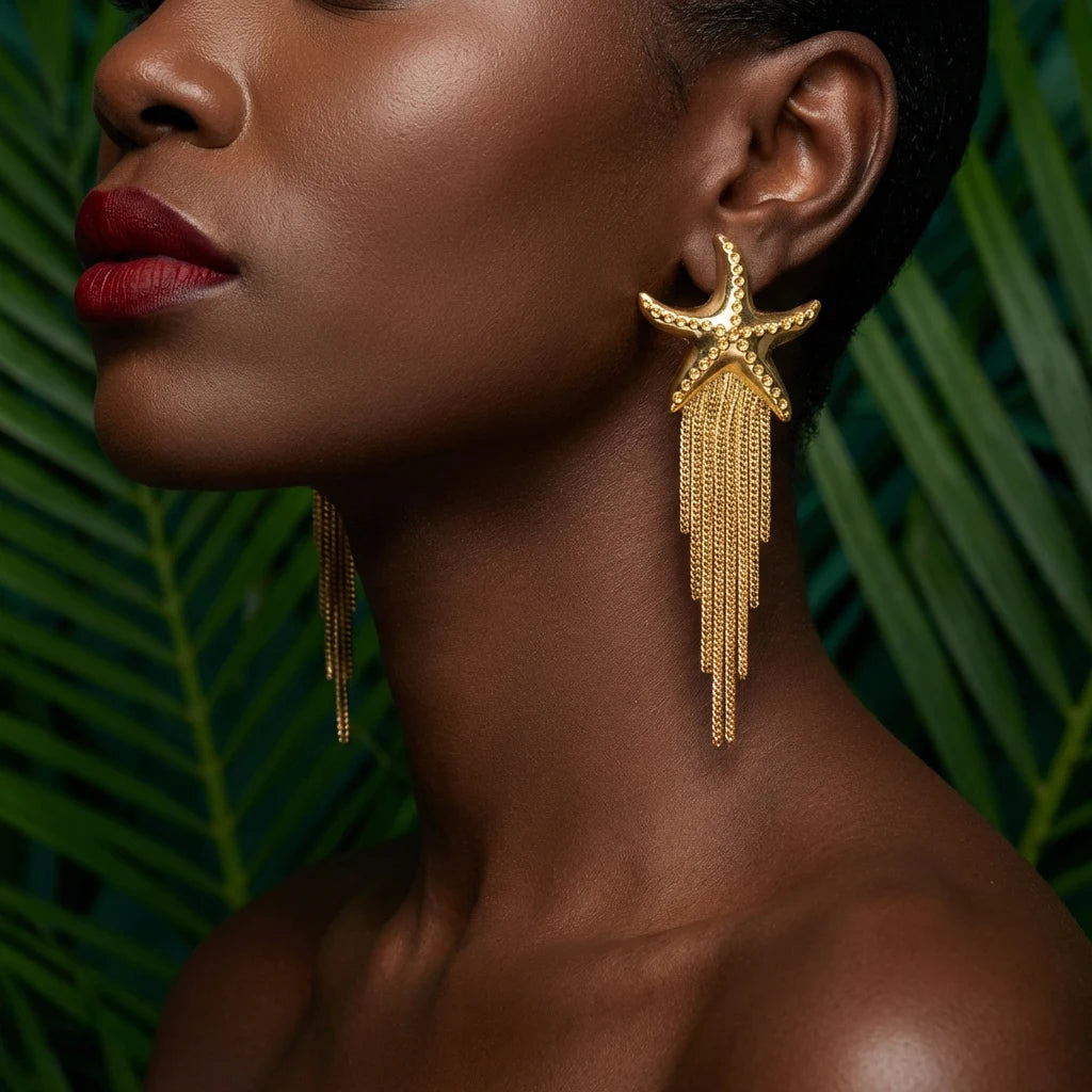 Bohemia Gold Color Metal Starfish Long Tassel Drop Earrings For Women Crystal Zircon Conch Shell Scallops Earring Beach Jewelry