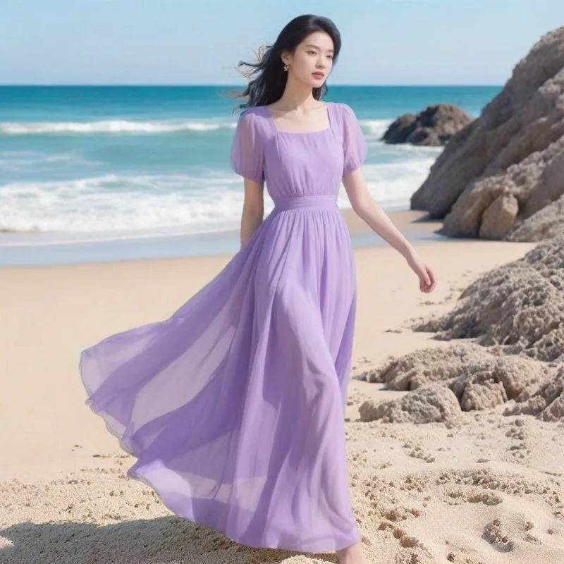 2026 Women Summer Dress New Fashion Bohemian French Chiffon Beach Dresses Ladies Solid Color Long Dress Female Vestidos Clothing