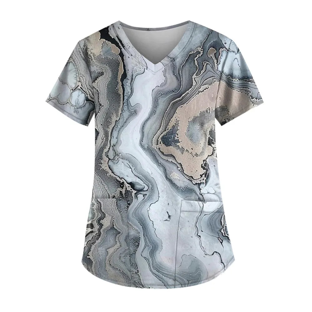 Gradient Printing Nurses Uniforms Women Fashion Short Sleeve V Neck Working Blouse Tops With Pockets Women's Medical Uniform
