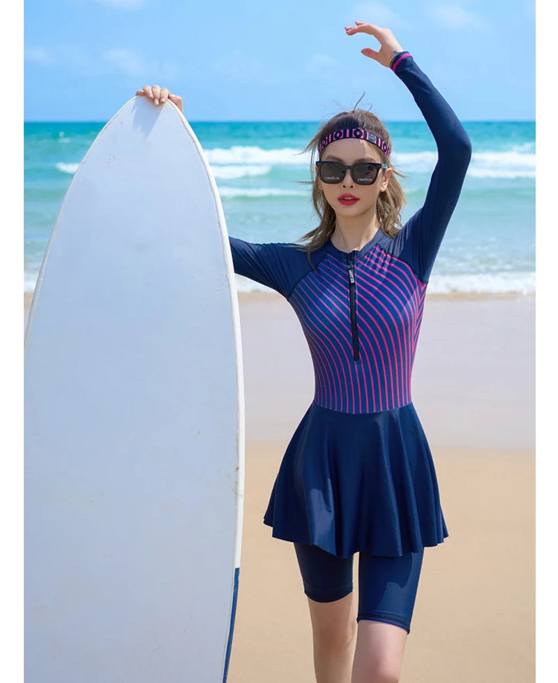 Long Sleeve Swimwear Women One Piece Swimsuit With Skirt Plus Size Swimming Suit Zipper Beachwear Rashguard Surfing