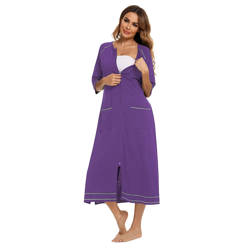 Zipper Women Sleepwear Pajama Maternity Dress 3/4Sleeve Nursing Baby Breastfeeding Nightdress Pregnancy Dress пижама хлопок