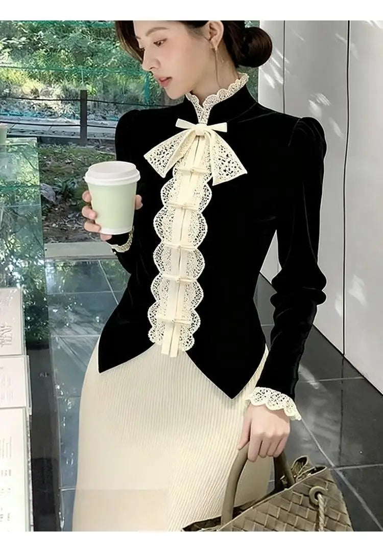 French Velvet Shirt Bow Camisas De Mujer Shirts & Blouses Black Top Blusas Roupas Femininas Designer Luxury Trend  Chemise Femme