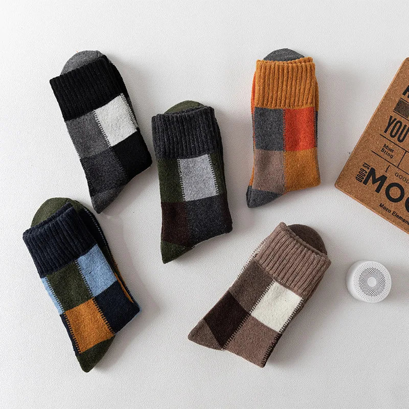 5 Pairs Autumn and Winter New Product Checkered Looped Thick Warm Men's Socks Checkered Niche Trend Personalized Mid Tube Socks