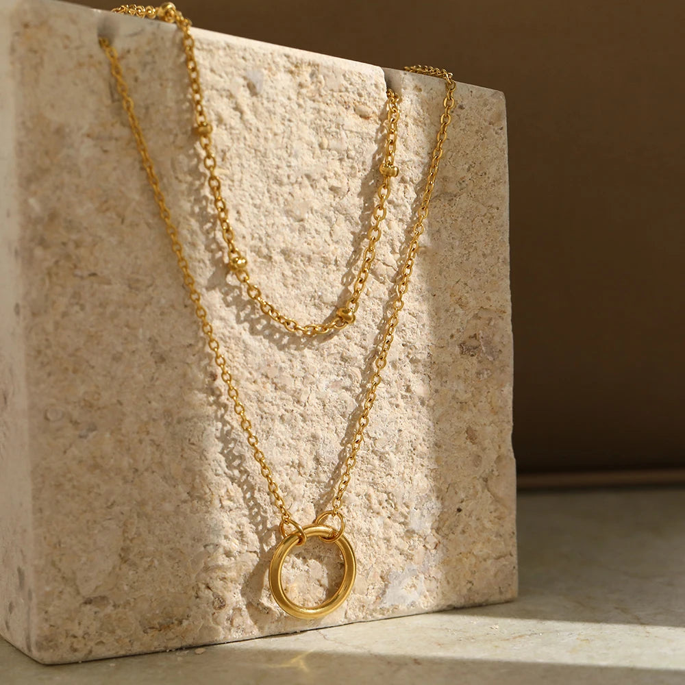 Stainless Steel Necklaces Trending Products Circle Pendant Bead Layer Chain Light Luxury Choker Fine Necklace For Women Jewelry