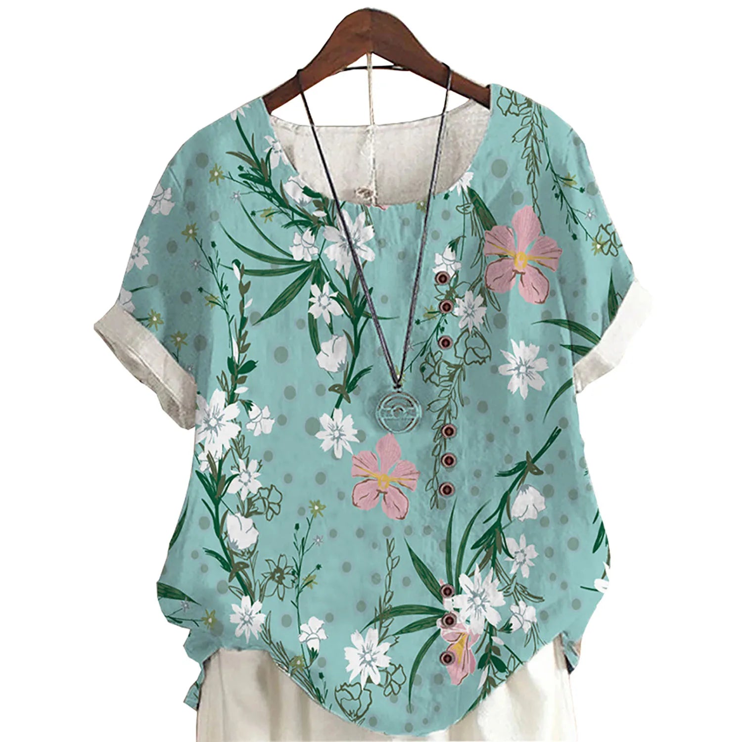 2025 Summer retro fashion printed loose casual shirt top, suitable for casual or vacation ladies' beachwear