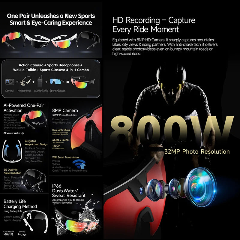 2026 AI Smart Glasses 800W HD Anti-shake Camera IP66 Waterproof AI Voice Wake-up AI Translation Four-in-one Cycling Glasses