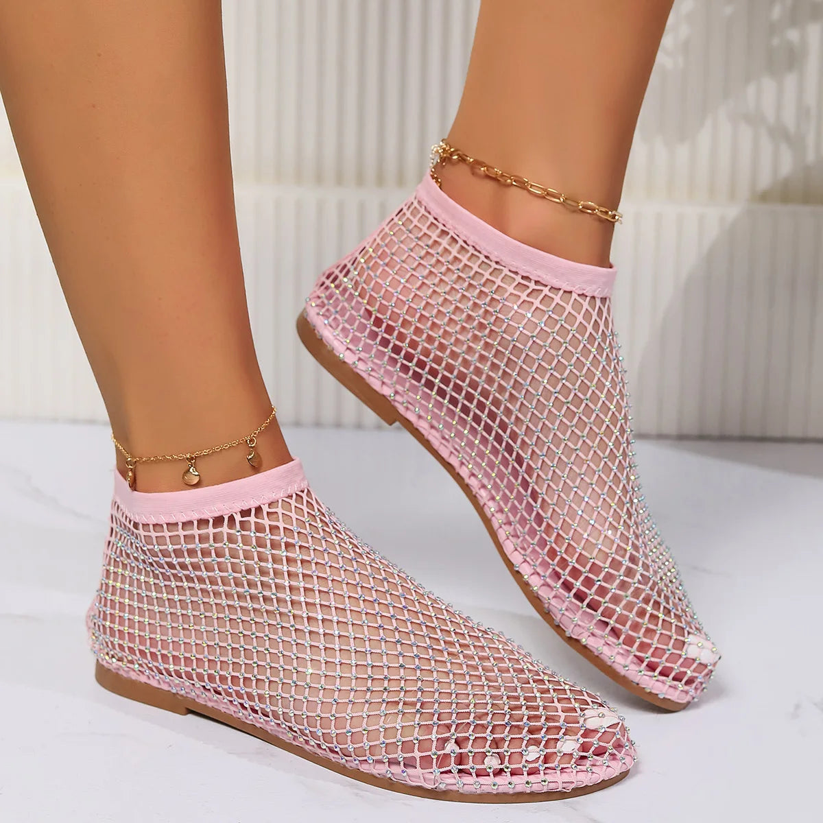 2024 Summer Women's New Luxury Toe Flat Bottom Hollow Short Boots Water Diamond Sexy Flat Bottom Fashion Banquet Flats shoes