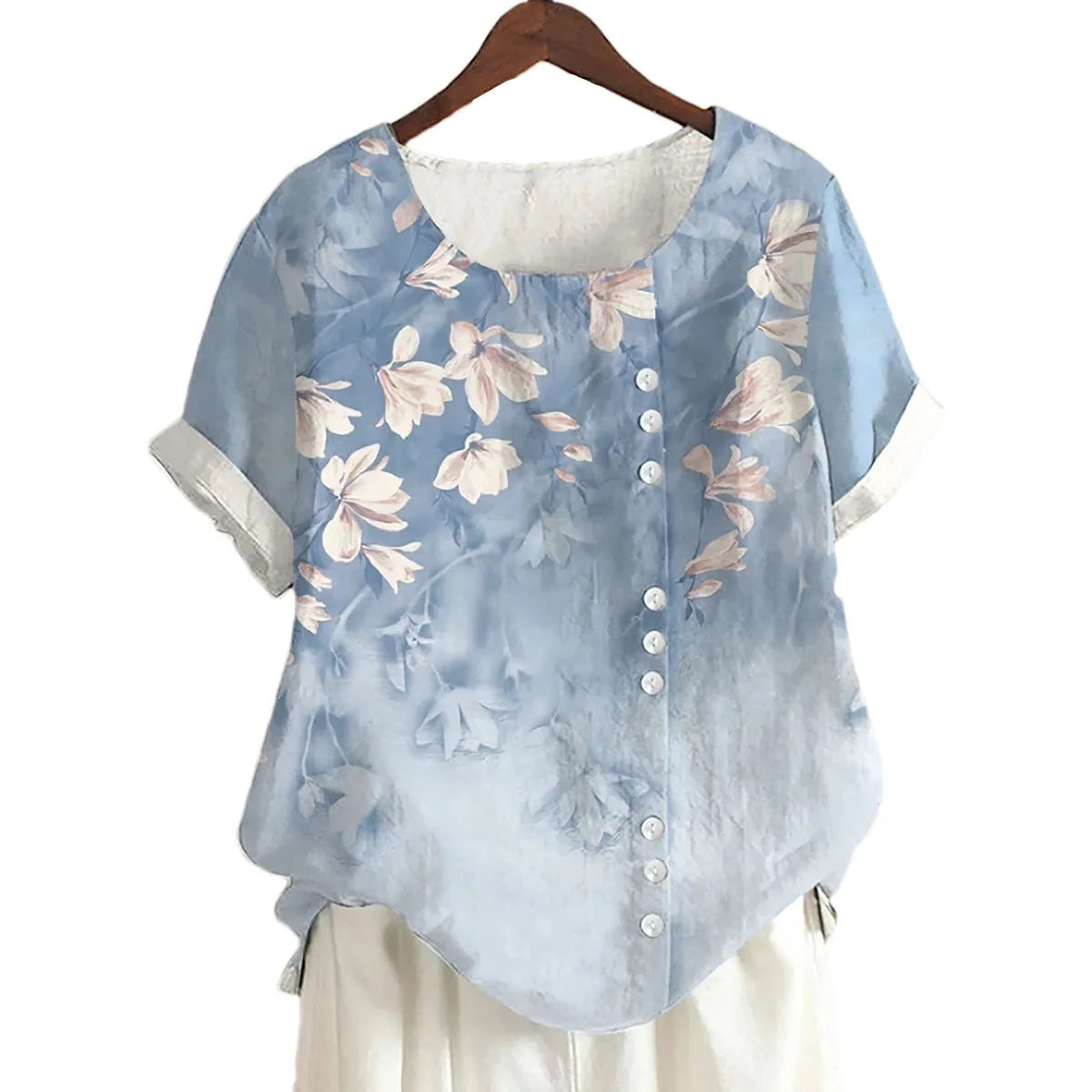 2025 Summer retro fashion printed loose casual shirt top, suitable for casual or vacation ladies' beachwear