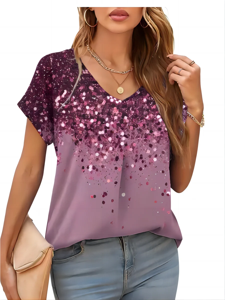 2026 New Summer Women T-shirt 3d Fashion Print Gradient Harajuku T Shirt Oversized Tee For Ladies Clothing New Short Sleeve V-Ne