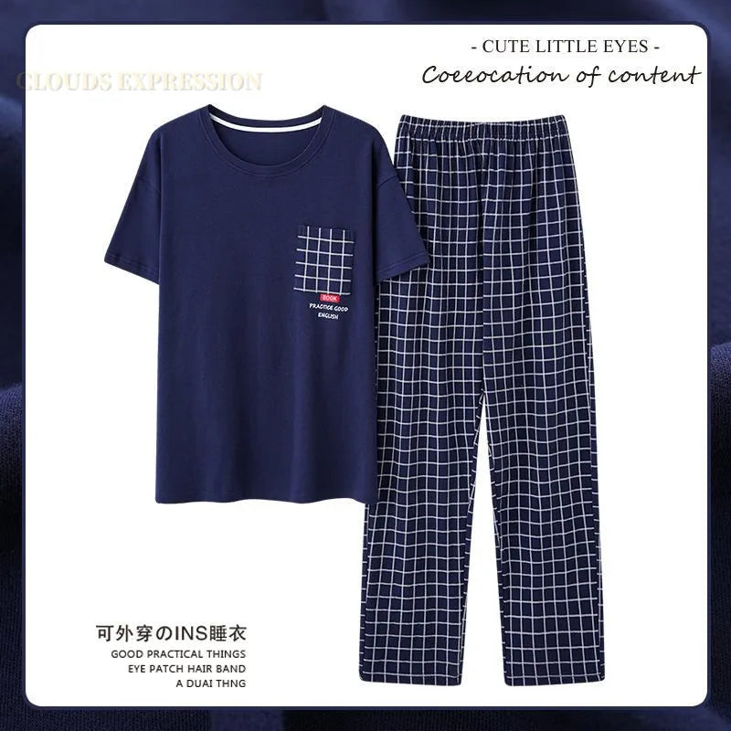 L-5XL Summer Elegant Men Pyjamas Knited Cotton Pajamas Set Long Pant Sleepwear Pyjamas Night Suits Pijamas Plus Size Homewear PJ