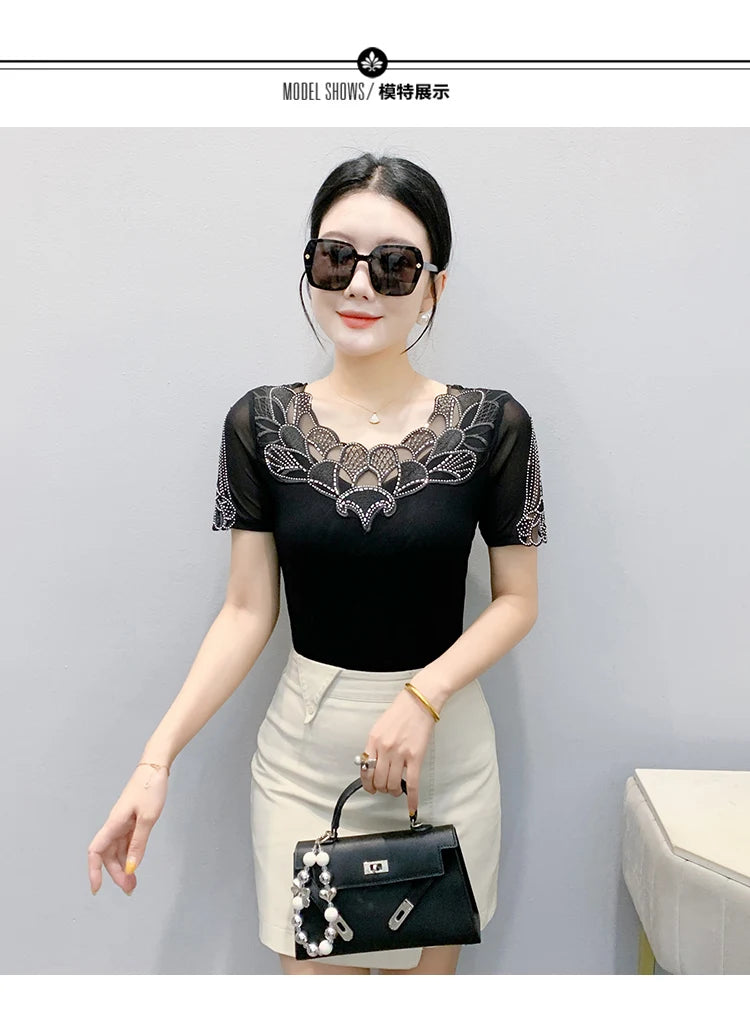 Fashion O-Collar Rhinestone Lace Patchwork Female Top Chic High Elasticity Soft Mesh Short Sleeve Temperament Women's T-Shirt