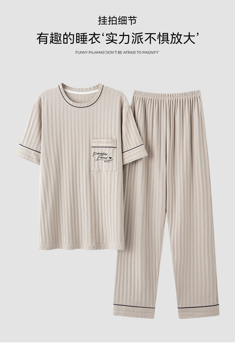 L-5XL Summer Elegant Men Pyjamas Knited Cotton Pajamas Set Long Pant Sleepwear Pyjamas Night Suits Pijamas Plus Size Homewear PJ