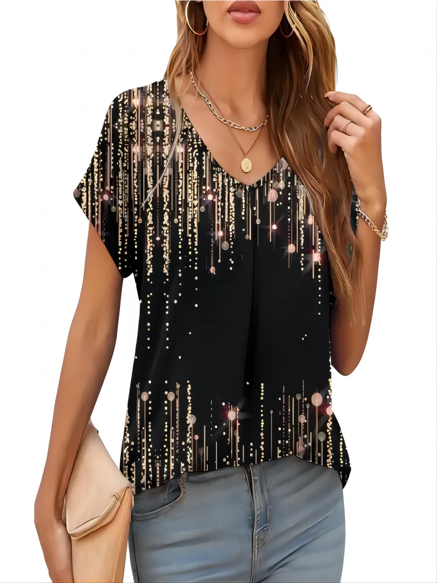 2026 New Summer Women T-shirt 3d Fashion Print Gradient Harajuku T Shirt Oversized Tee For Ladies Clothing New Short Sleeve V-Ne
