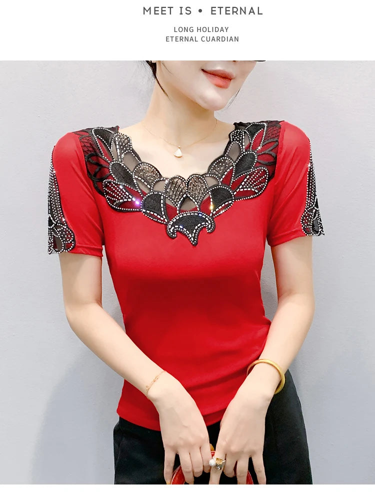 Fashion O-Collar Rhinestone Lace Patchwork Female Top Chic High Elasticity Soft Mesh Short Sleeve Temperament Women's T-Shirt