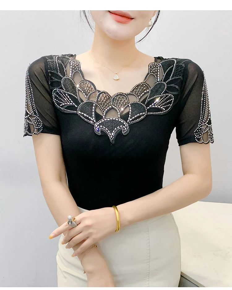 Fashion O-Collar Rhinestone Lace Patchwork Female Top Chic High Elasticity Soft Mesh Short Sleeve Temperament Women's T-Shirt