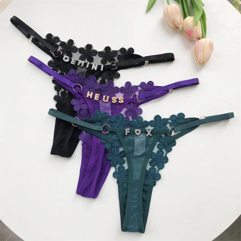 Customized Crystal Letter Sexy Embroidered Women's Low Waist Underwear BikiniG-Strings Adjustable Waist Underwear Hot Wife Gift
