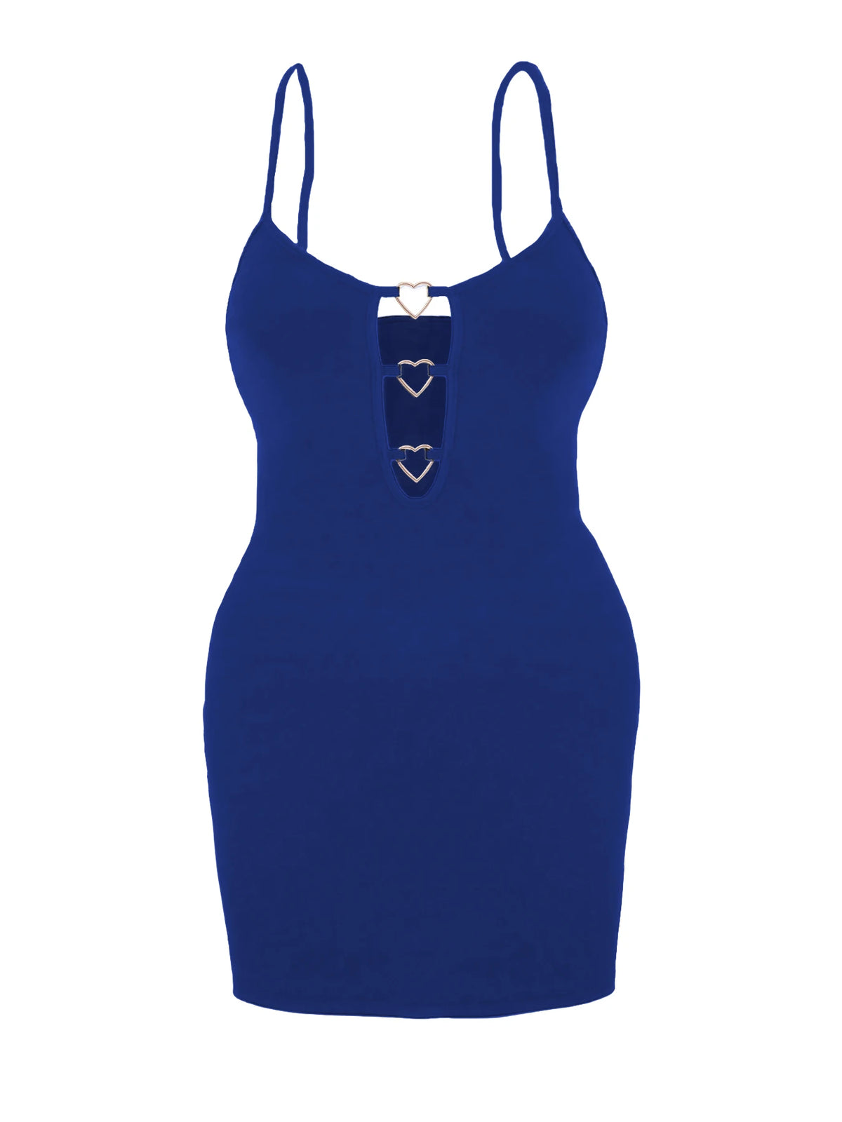 Plus Size Heart Metal Buckle Cutout Bodycon Mini Dress Spaghetti Strap Deep Hollow Front Slim Fitted Ribbed Short Dress Sexy Clu